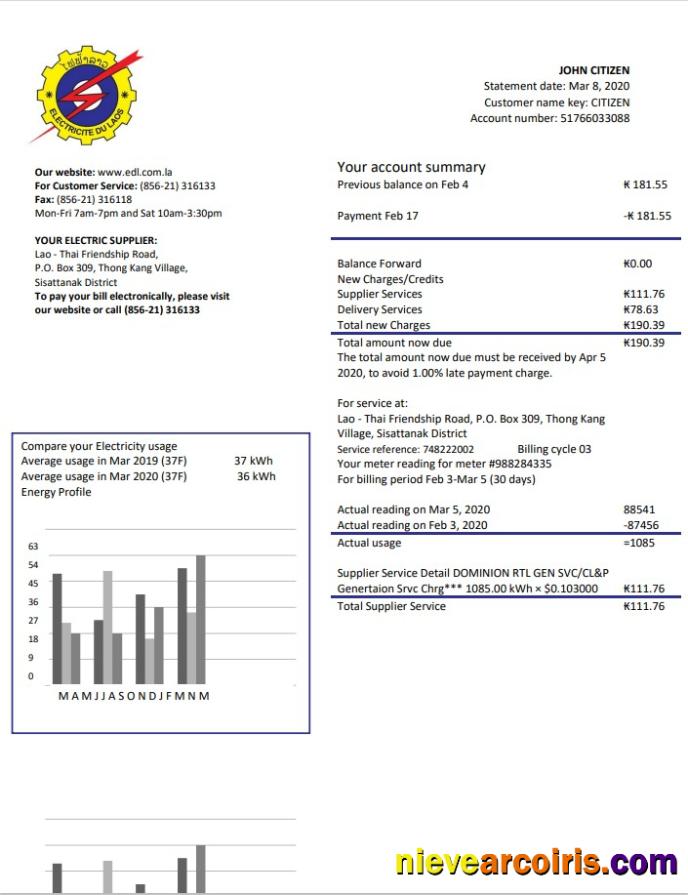 Laos Electricite du Laos electricity utility bill